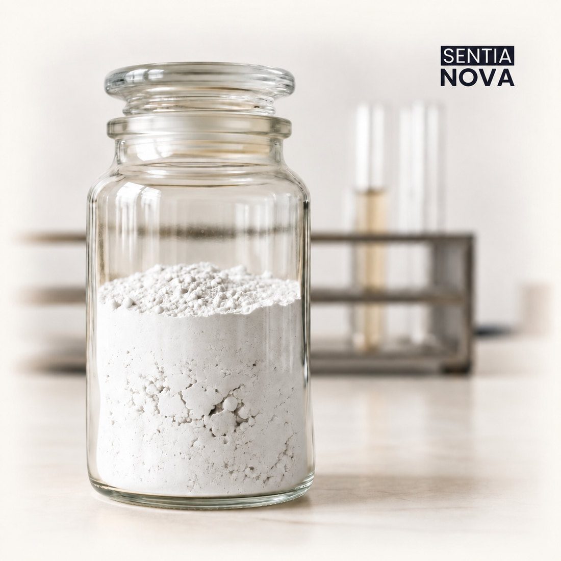 SentiaNova neutral plant protein in a glass jar on a laboratory bench